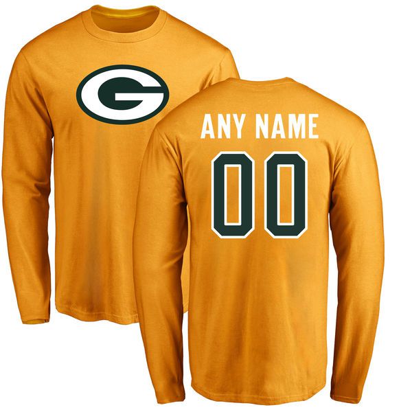 Men Green Bay Packers NFL Pro Line Gold Custom Name and Number Logo Long Sleeve T-Shirt->nfl t-shirts->Sports Accessory